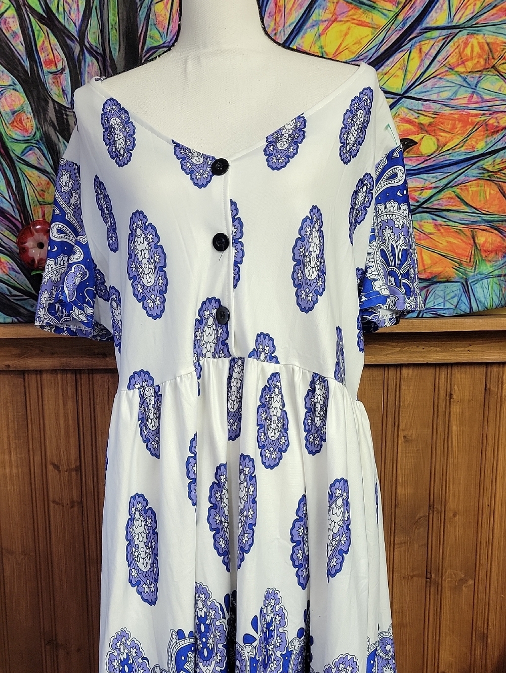 Reborn White Midi Dress with Blue Paisley Medallions Woman 1x